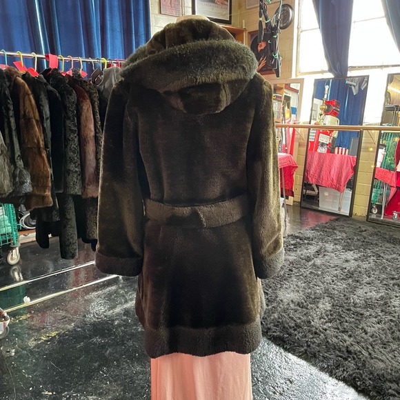 Vintage 70s Davis of Boston Brown Faux Fur Teddy Coat Hooded Womens S/M - Picture 2 of 8